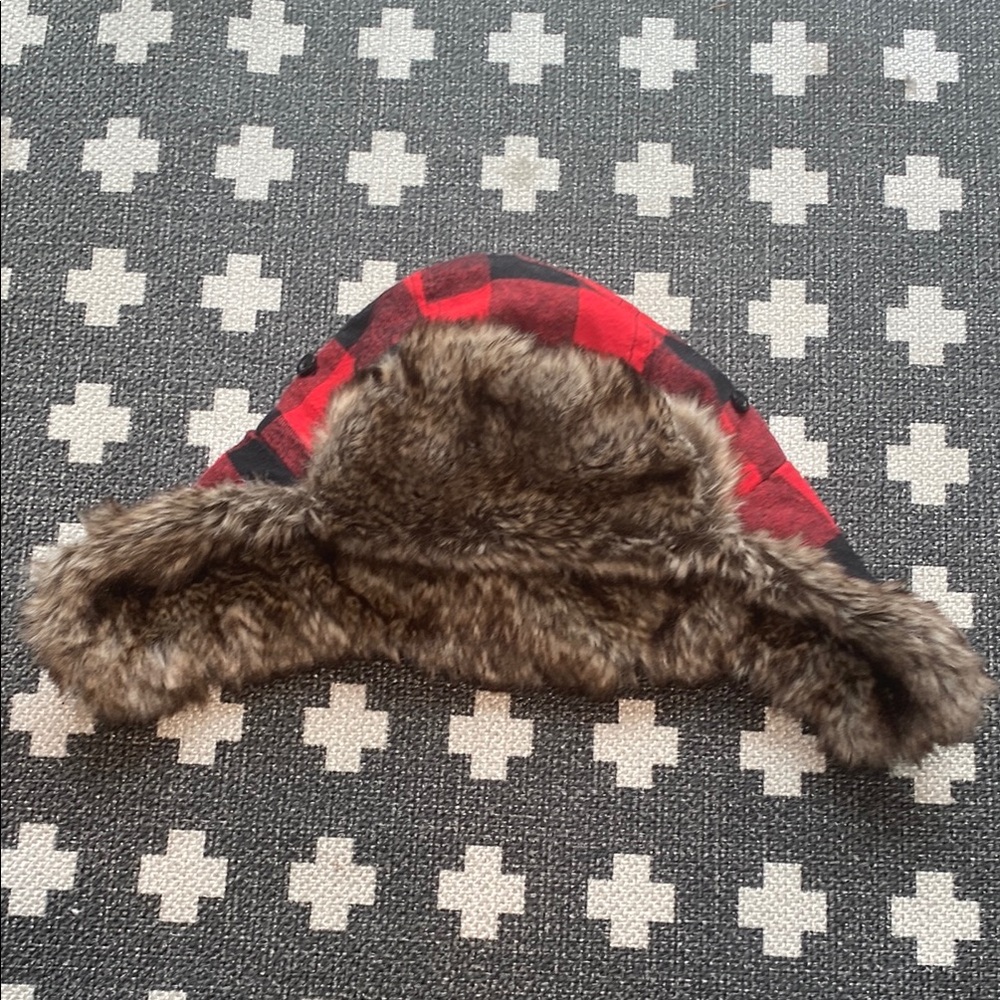 Red and Brown Faux Fur Trimmed Winter Hat